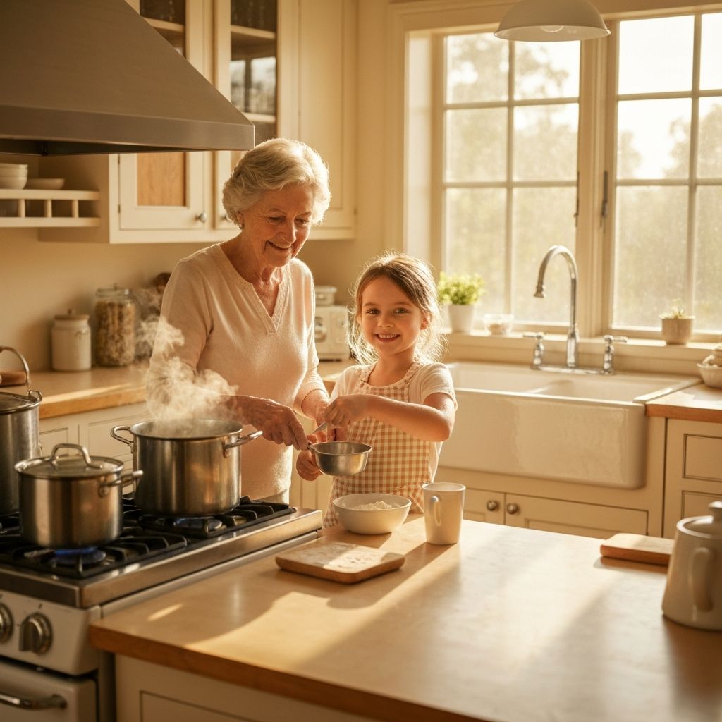Grandmother and granddaughter cooking together with Farberware pots