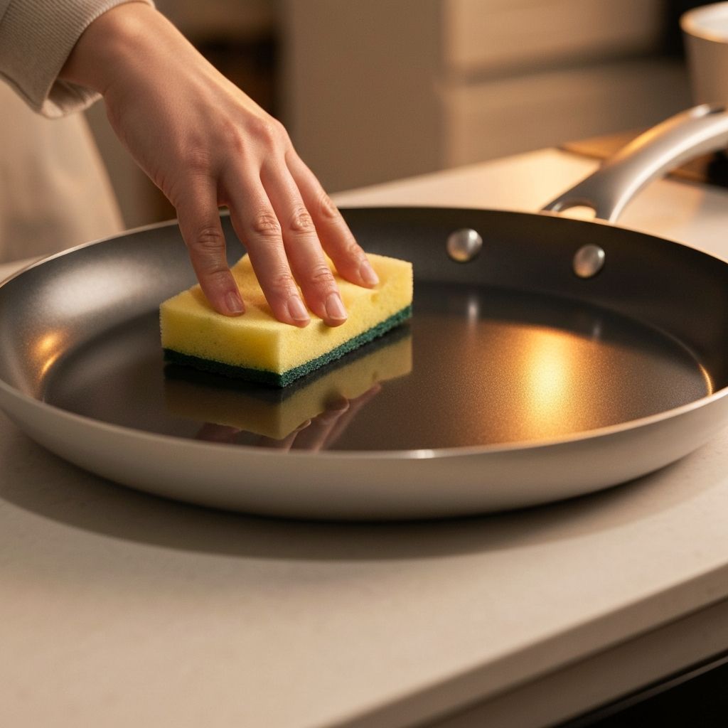Gently cleaning a nonstick Farberware pan with a soft sponge
