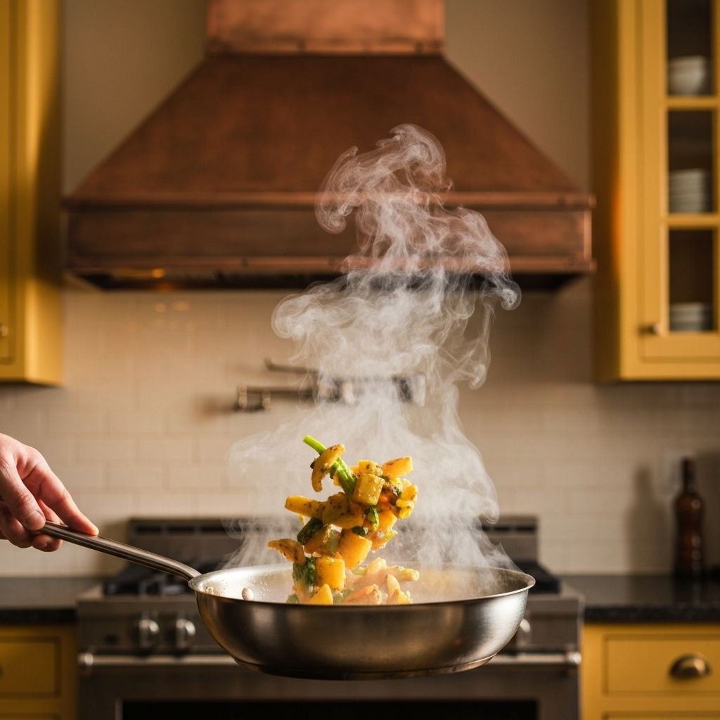Cooking in Farberware stainless steel pan — even heat distribution in action