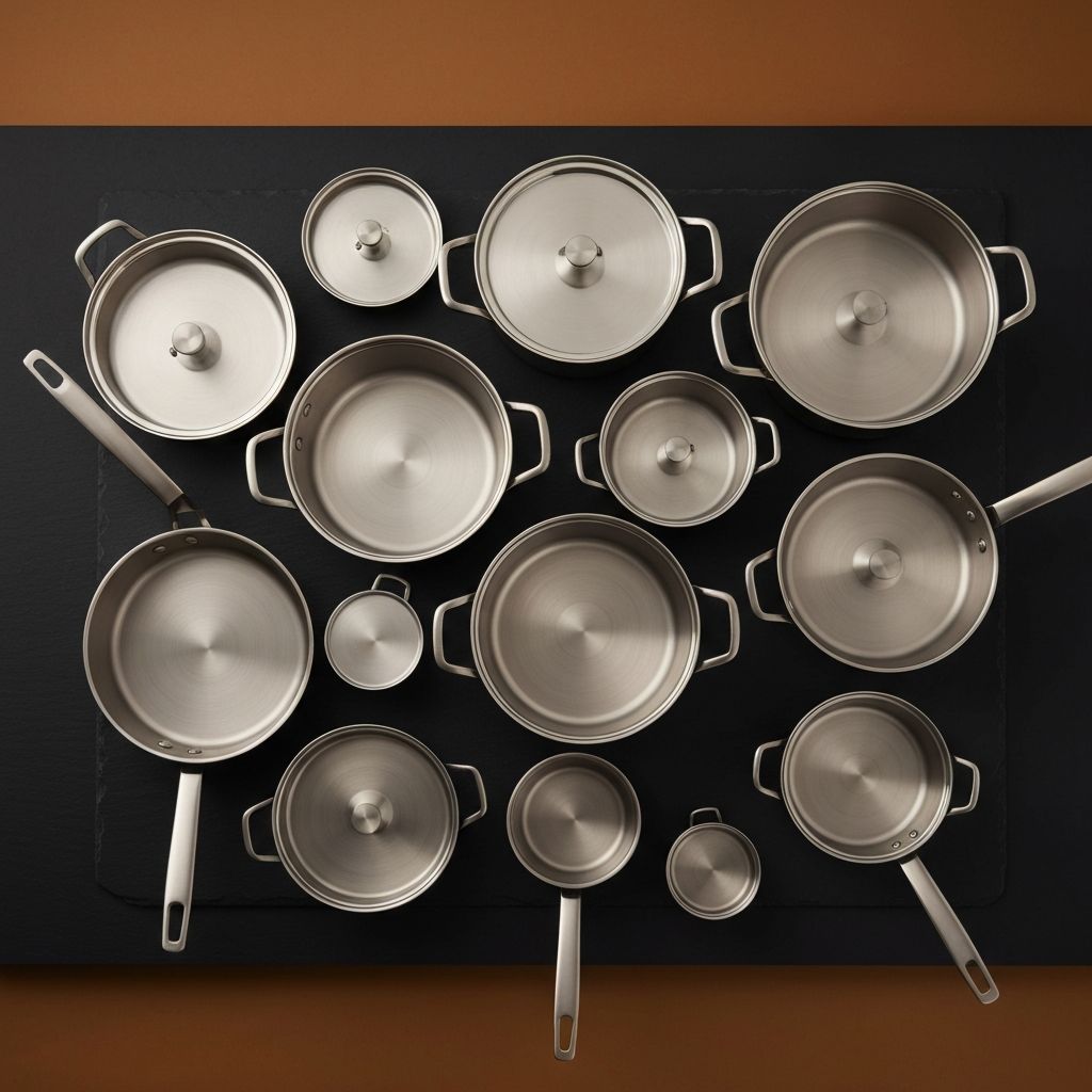 Farberware cookware set — complete stainless steel collection overhead view